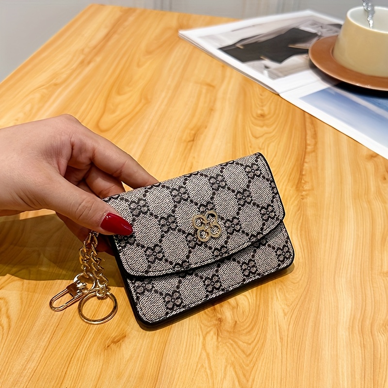 Image of New Women's Floral Print Pattern Fashion Short Press-button Coin Purse Card Holder Id Bag Credit Card Case Anti-theft With Chain Removable Lightweight Handbag