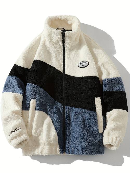 mens color block fleece lined jacket with pockets casual stand collar zip up long sleeve outerwear for fall winter
