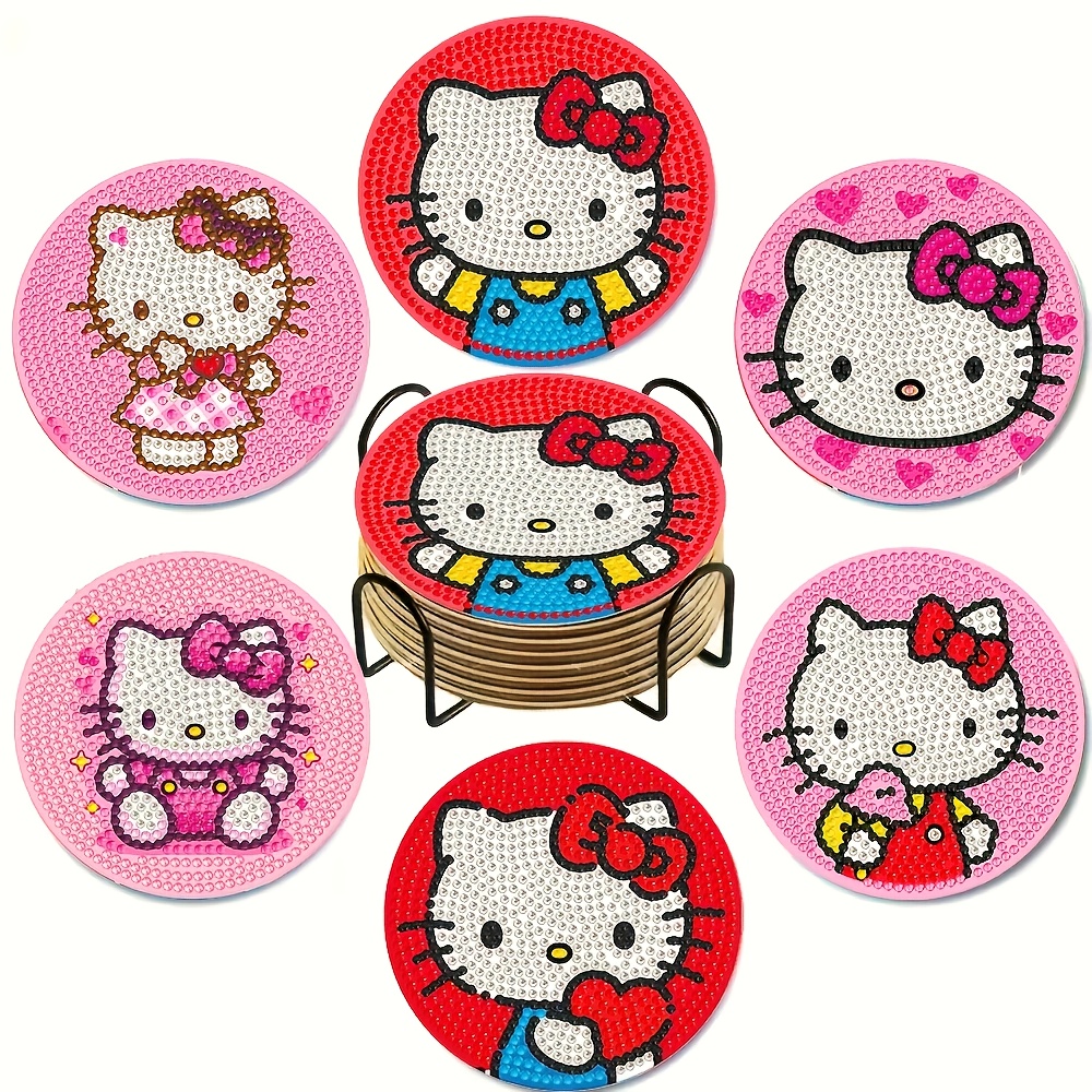 Image of 6pcs Diy Round Diamond Craft Holiday Gift, Cute Cartoon Coasters, Hello Kitty Diamond Painting Coasters, Heat-resistant Pads, Non-slip Mats, Home Kitchen Supplies, Home Decor