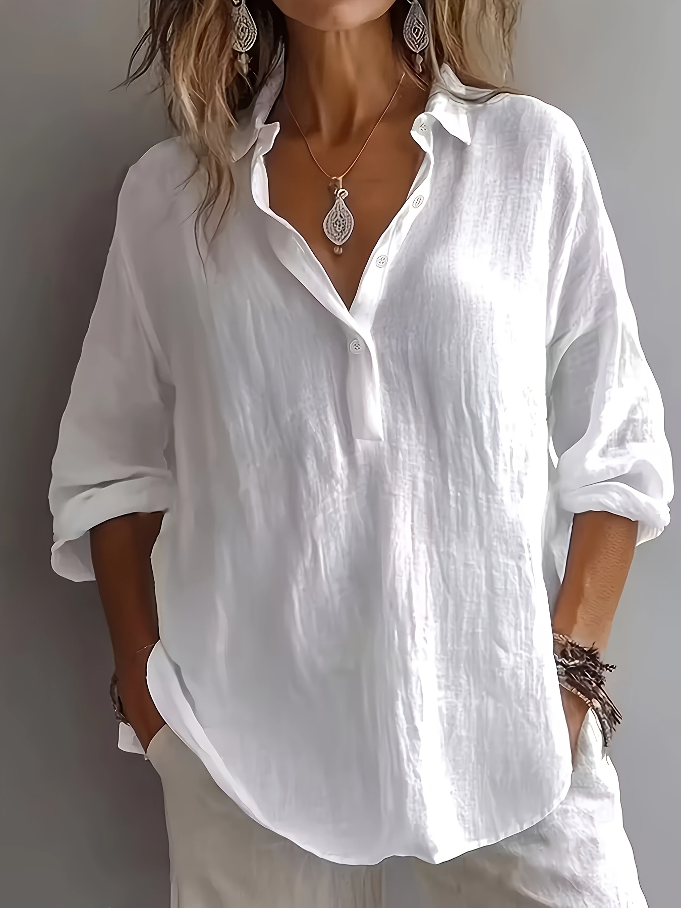 womens elegant comfortable spring autumn loose solid   long sleeve shirt lazy style lapel casual button up half open long sleeve top casual versatile breathable blouse multi functional   top