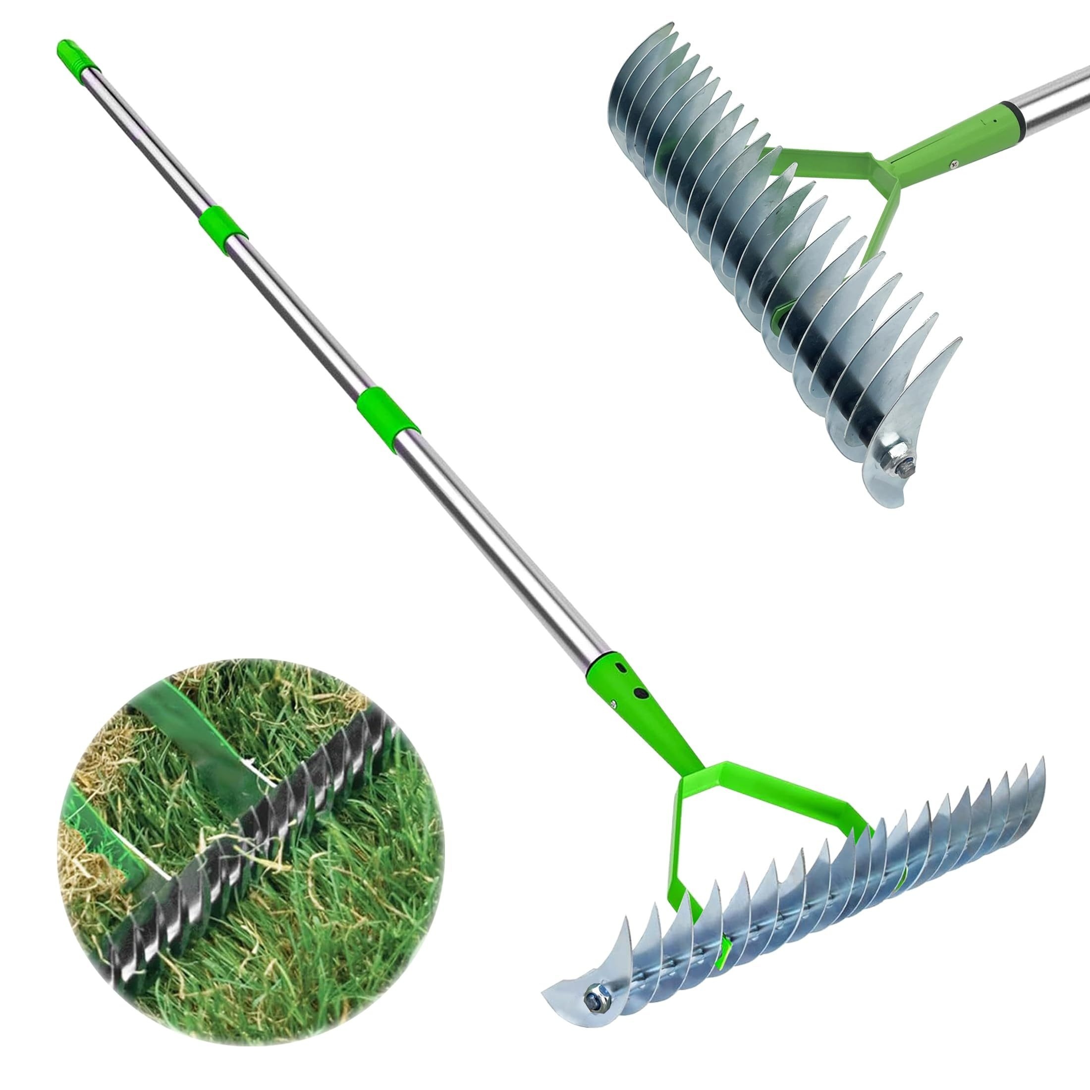 

1pc Heavy-duty Metal Thatch Rake - 12.8" Wide Dethatcher For Efficient Lawn Cleaning, Stainless Steel Handle, Soil Loosening Garden Tool, 52.8" Length (green)