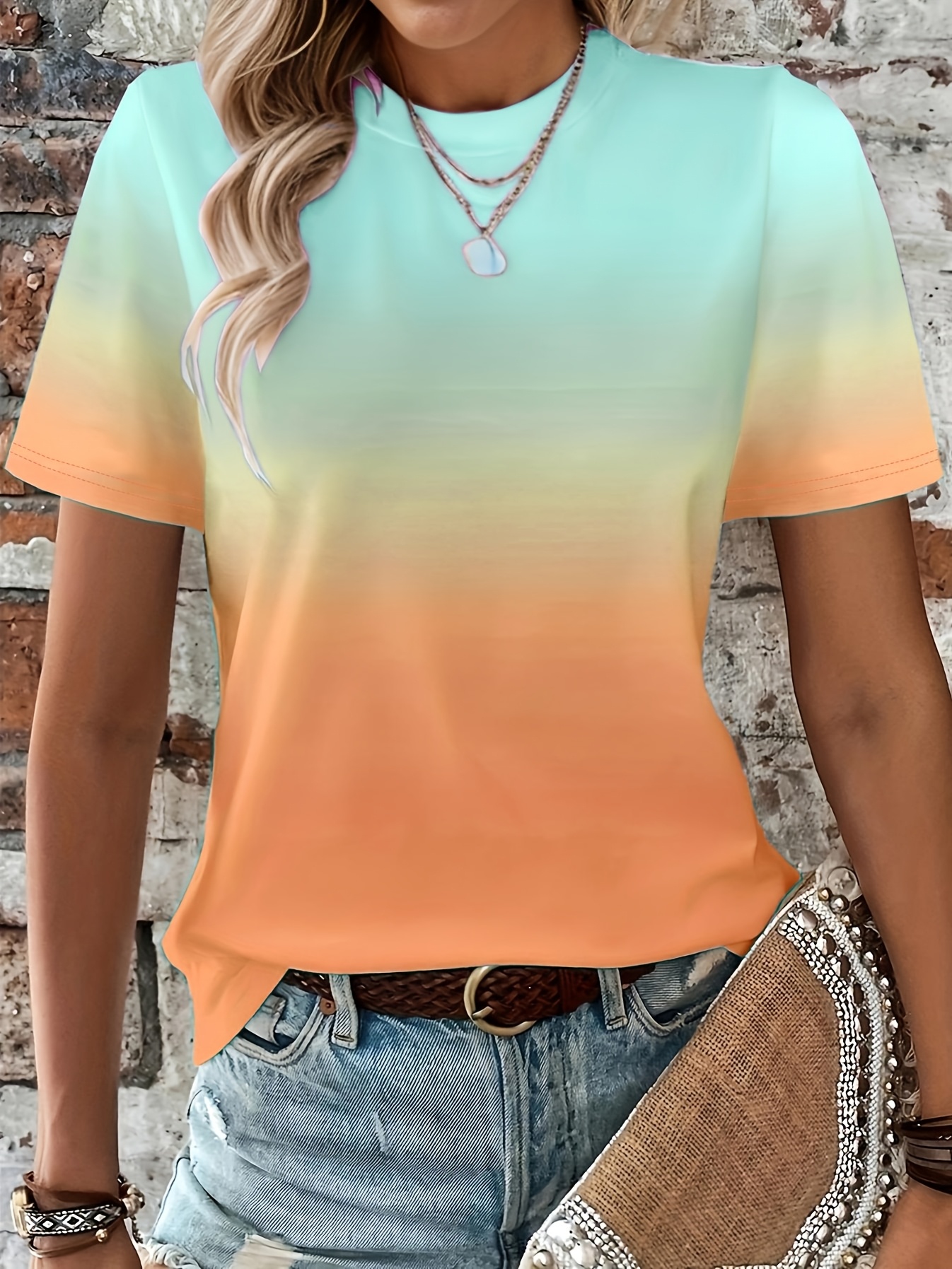 Gradient Crew Neck T-shirt, Short Sleeve Casual Top For Spring & Summer, Women's Clothing