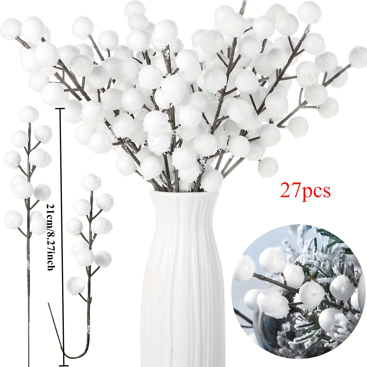 TEMU 27pcs Christmas Berry Branches With White Berries, Durable Plastic Berry Branches Suitable For Christmas Trees, Wreaths, And Bouquets -