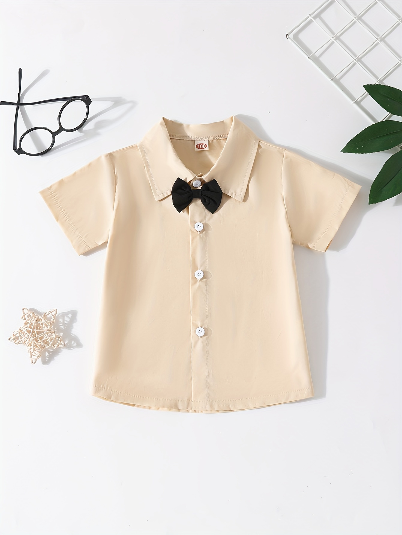camisa elegante manga corta niño corbata negra color beige Temu