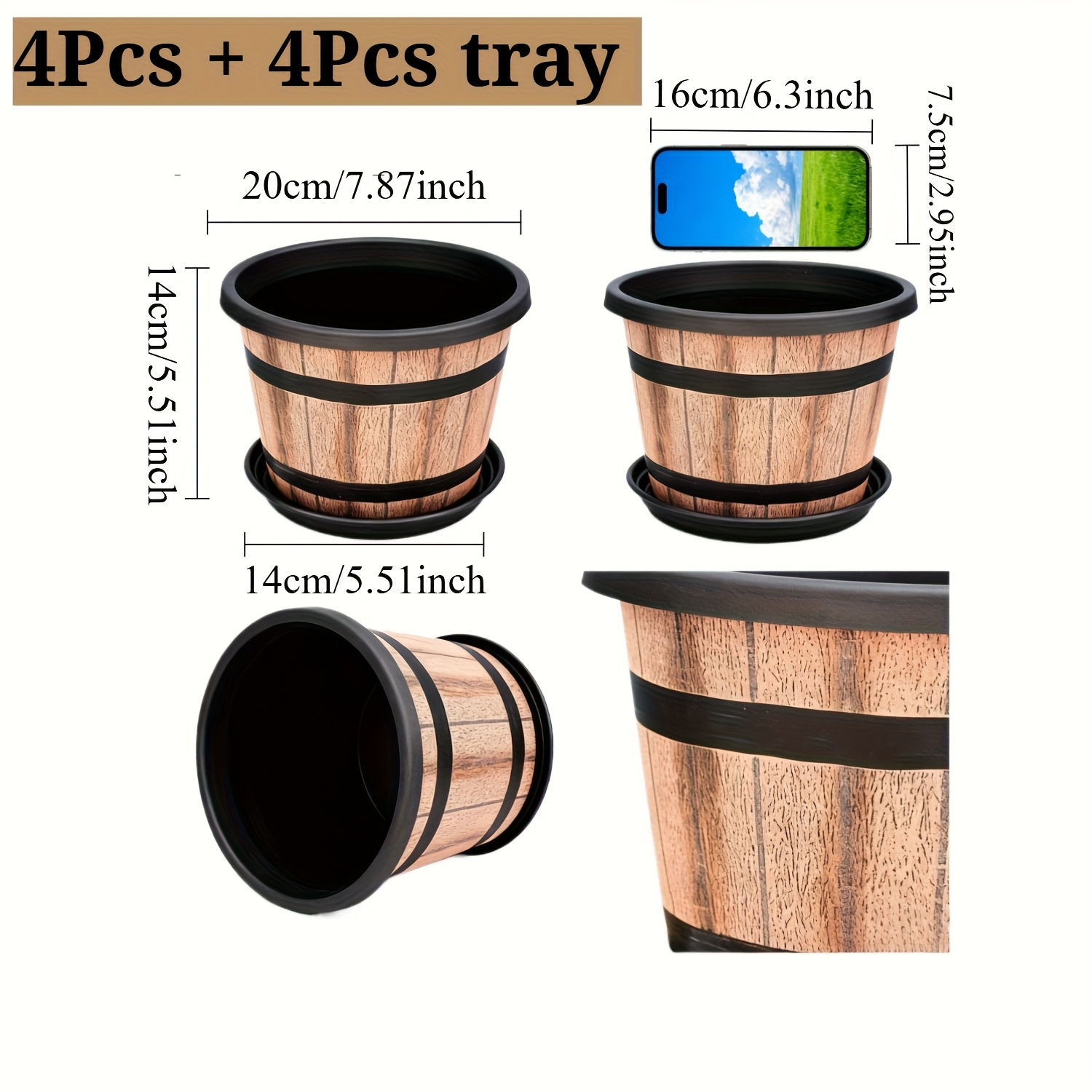 4-pack Wood-look Planters With Saucers - Decorative Resin Garden Pots With Drainage Holes, Prevents , For Patio, Balcony, Indoor/outdoor Plants Gardening Gift Home Decor
