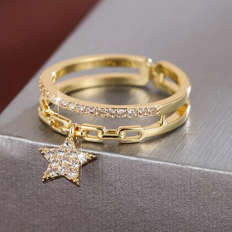 Image of A Minimalist Chain-style Open Adjustable Ring For Women, Featuring Design With Synthetic Synthetic Zirconia
