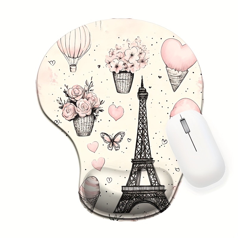 TEMU 1pc 2d Flat Eiffel Tower With Pink Silicone Wrist - Support Mouse Pad (8.98x7.56in) - Ergonomic Pu Anti - Slip, Washable & Durable, Great For