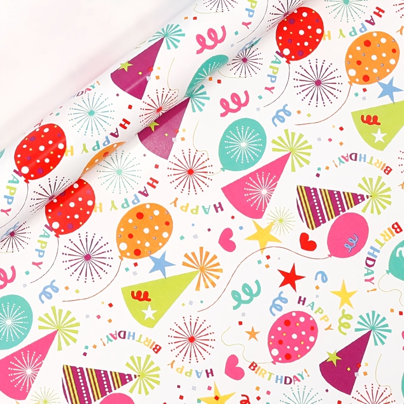 TEMU White With Colorful Balloons Party Hat Print Gift Wrap Roll, Thickened Happy Birthday Long Roll Gift Wrap Paper, Suitable For Children's Party