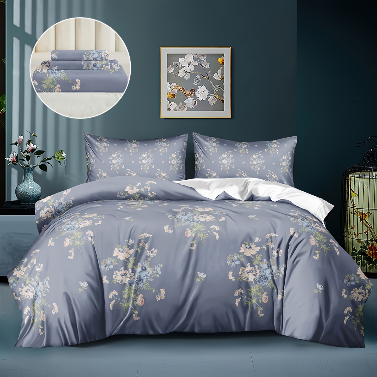 

Floral 3-piece Duvet Cover Set - 100% Polyester Machine Washable Zippered Closure All-season Bedding With 1 Duvet Cover And 2 Pillowcases - Digital Print Flowers Design