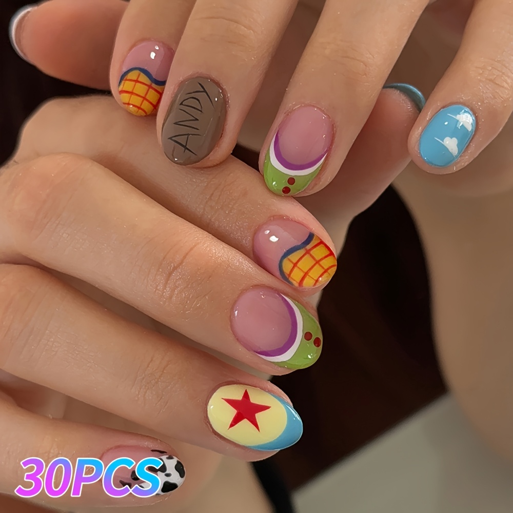 TEMU 30pcs Y2k Short Oval -on Nails, Including Cow Print, Checkered Lines, And Star Designs, Removable, Acrylic Fake Nails Set, Press-on Nails, Short