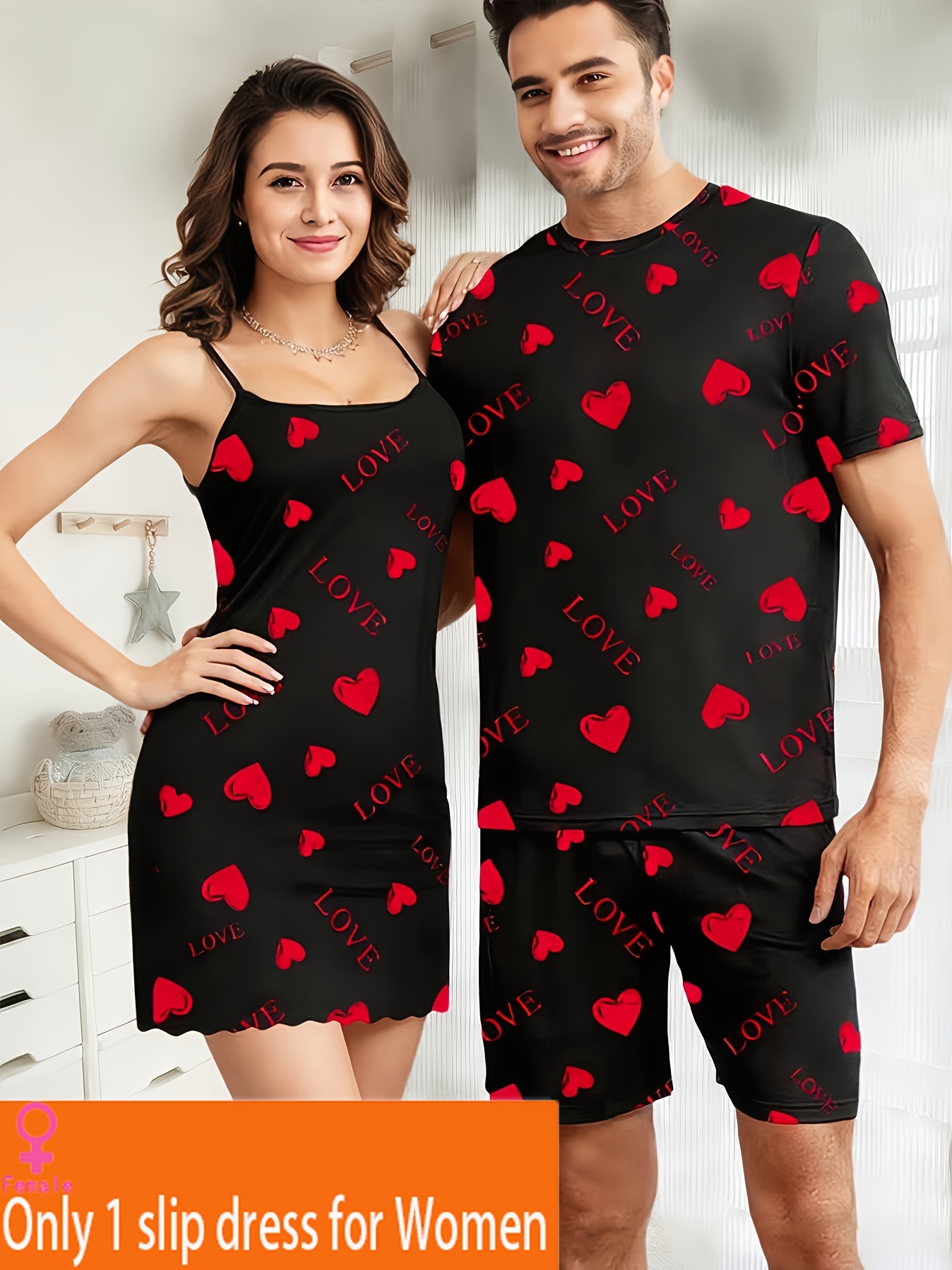 [1 DRESS FOR WOMEN OR 1 TOP+1 BOTTOM FOR MEN] Romantic - Valentine'S Day Couple Style Homewear - Heart Letter Print - Men'S Short Sleeve Shorts Or Women'S Dress