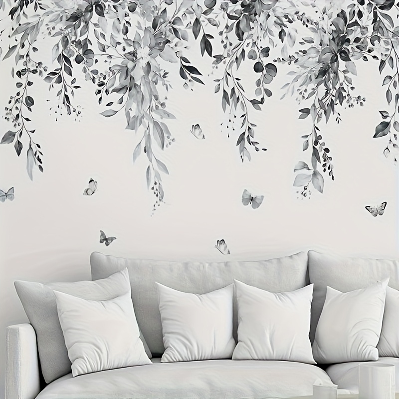 Image of Gray Floral Aesthetic Elegant Wall Sticker, Decorates Living Room Porch Bedroom Dining Room -adhesive Painting, Removable Pvc Wall Sticker
