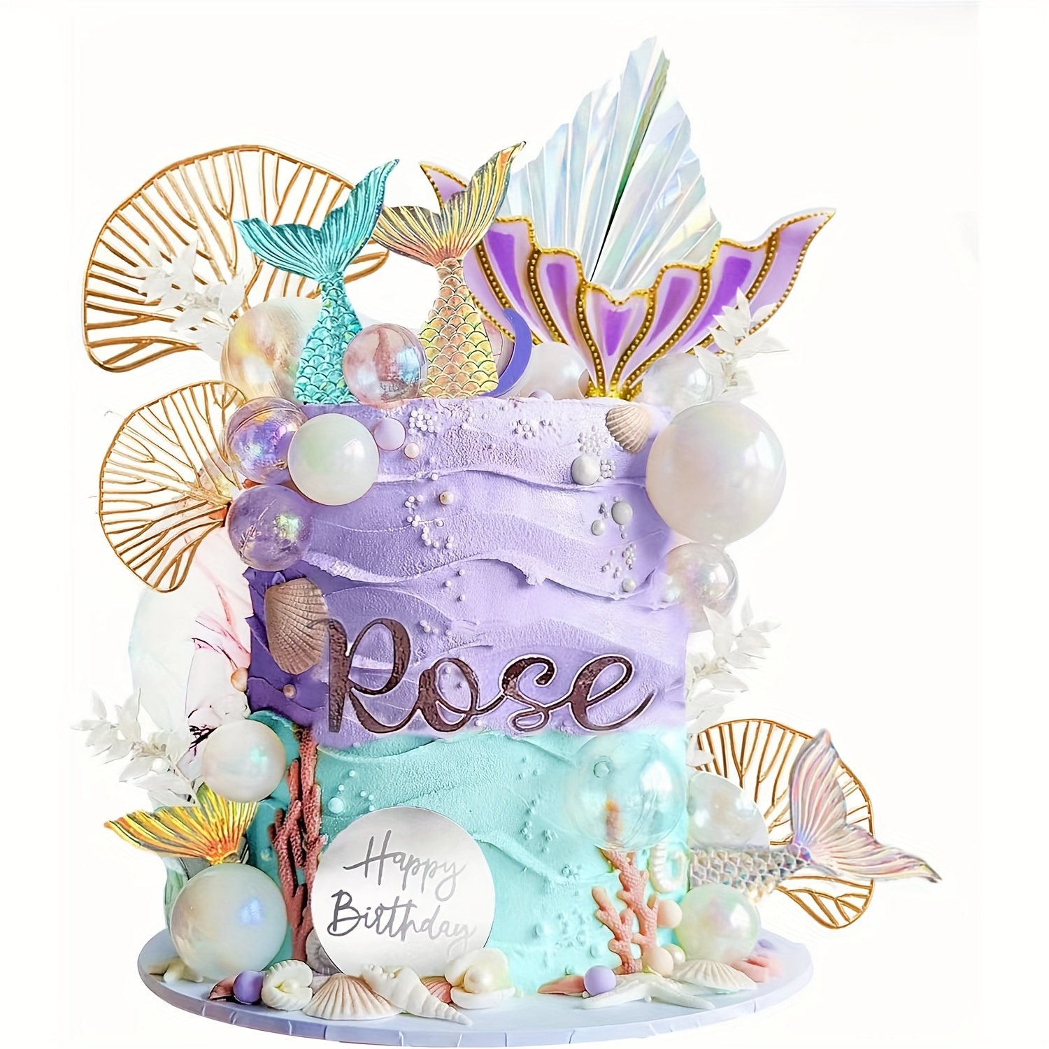 

26pcs Mermaid Party Cake Topper Set - Includes Tail, Transparent Pearls & Ginkgo Leaves For Birthday Celebrations