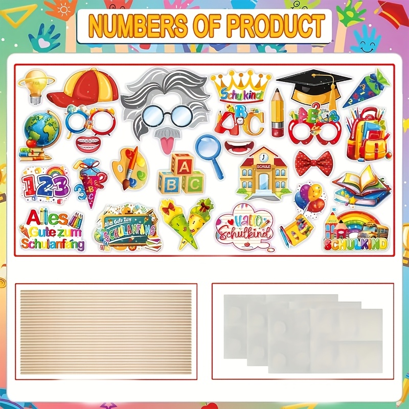 Image of 30pcs German-language Back-to-school And Graduation Photo Booth Props | Fun And Colorful Glasses, Pencils, Hats, Etc., Perfect For Celebratory Events, Made Of Paper