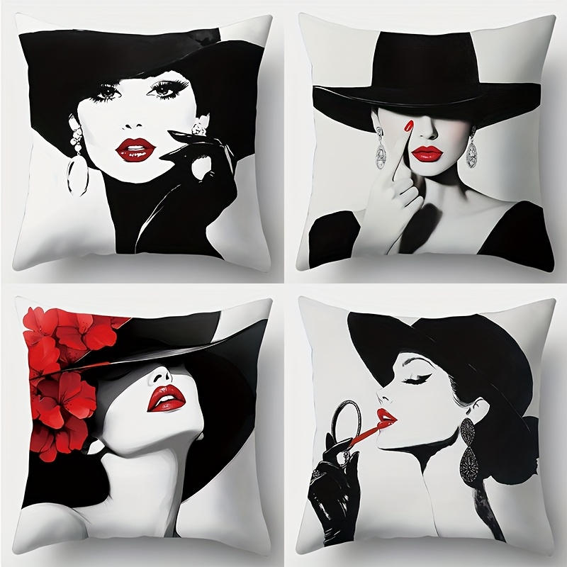TEMU 2d Flat Printed Pillowcase, 4pcs, With Female Characters In Black And White, Elegant And , Fashionable And Retro. Suitable For Daily Gatherings,