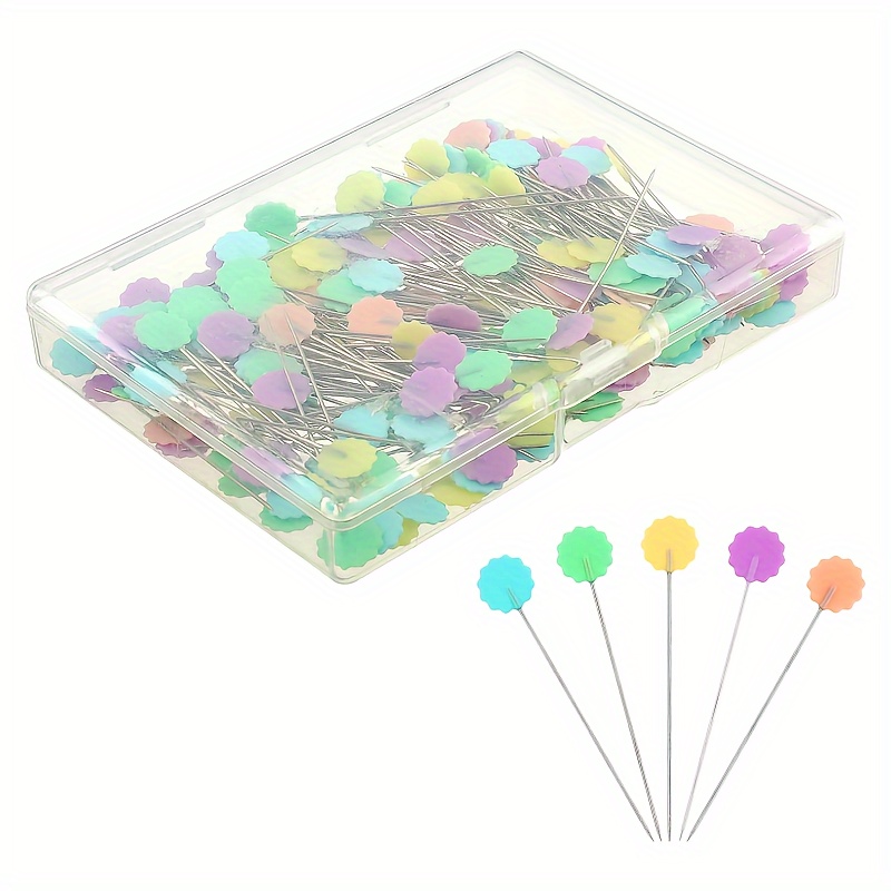 

200pcs Straight Pins With Storage Box, Assorted Colors Flat Flower Head Quilting Pins For Dressmaker, Craft Sewing Projects - Pink, Yellow, Blue, Green, Purple Decorative Pins