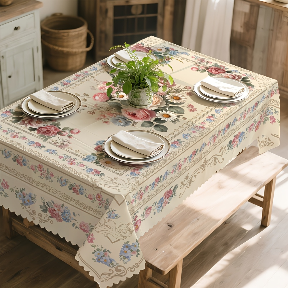 Image of French Retro Rose Floral Tablecloth European Daisy Border Printed Wavy Lace Fabric Tablecloth Pastoral Style Dining Table Decoration