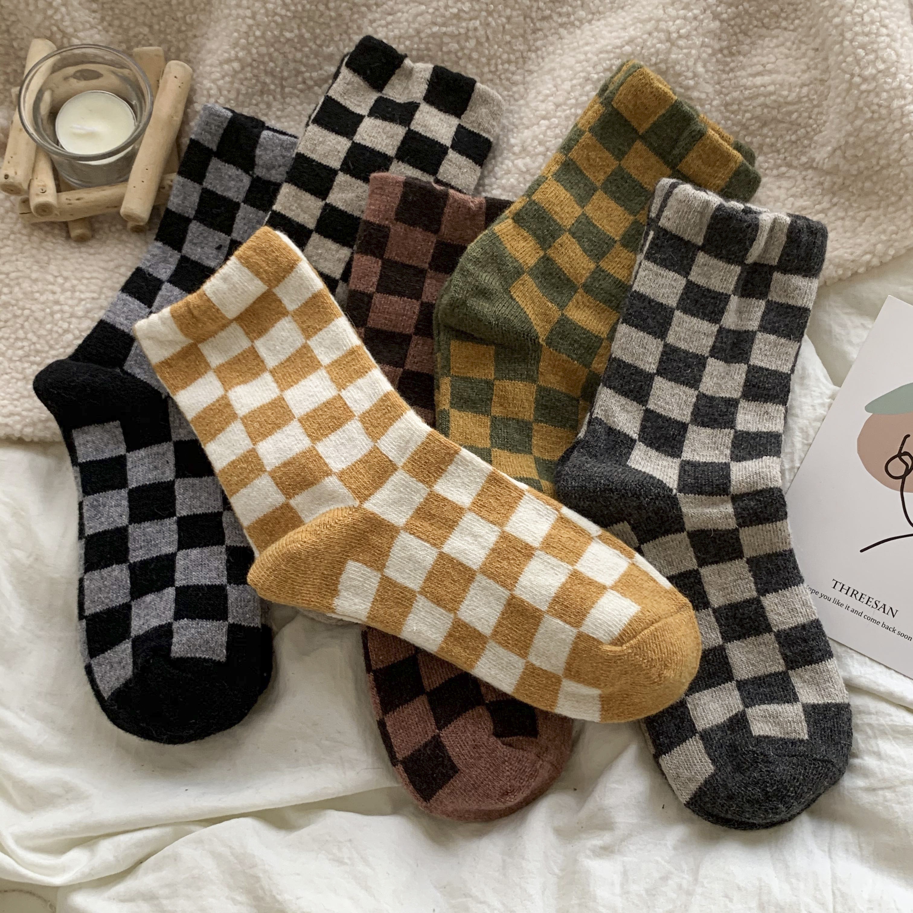 

6 paires de chaussettes à motif vichy pour femmes, mélange 95 % polyester 5 % élasthanne, chaussettes épaisses à carreaux vintage, mode automne-hiver, style décontracté , lavage à /