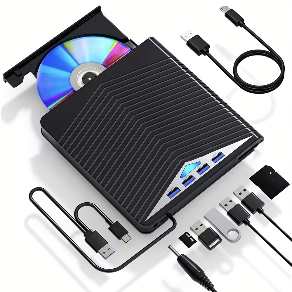 TEMU Multifunctional External Cd Dvd Drive, Usb 3.0 Type-c Cd Dvd +/-rw Optical Drive Cd Burner, Drive With 4 Usb Ports And Sd/tf Card Slots,