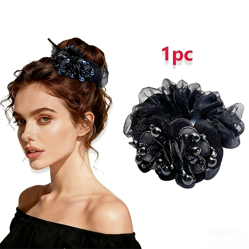 TEMU 1pc Vintage Elegant Floral Mesh Scrunchie, Women's Fashionable -beaded Floral Hair Tie, High-elasticity Mesh Floral Hair Band, Ponytail Holder,