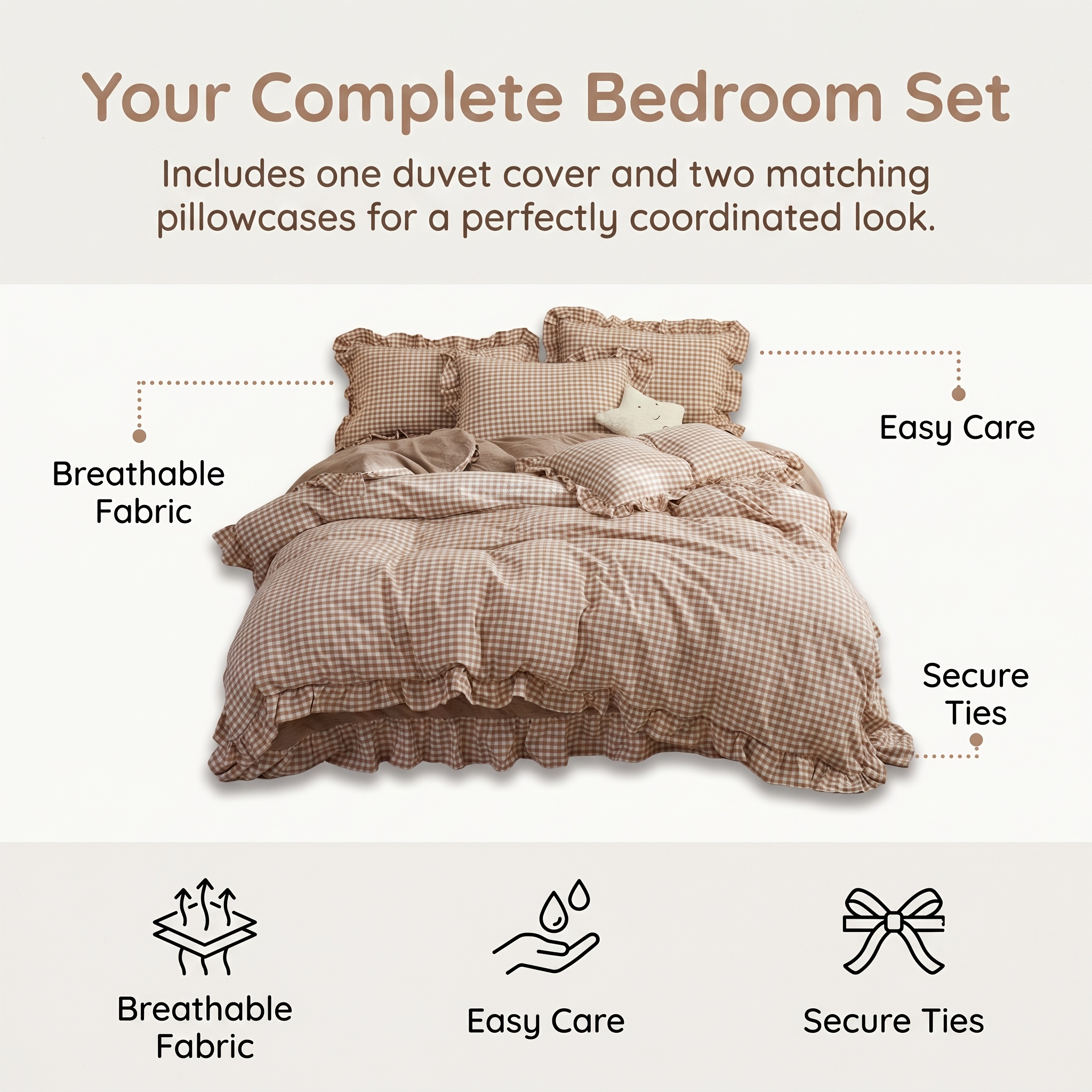TEMU ["Ensemble Housse de Couette et Taies d'Oreiller] Ensemble Housse de Couette et Taies d'Oreiller Style à Carreaux Tendance avec Bords Volantés