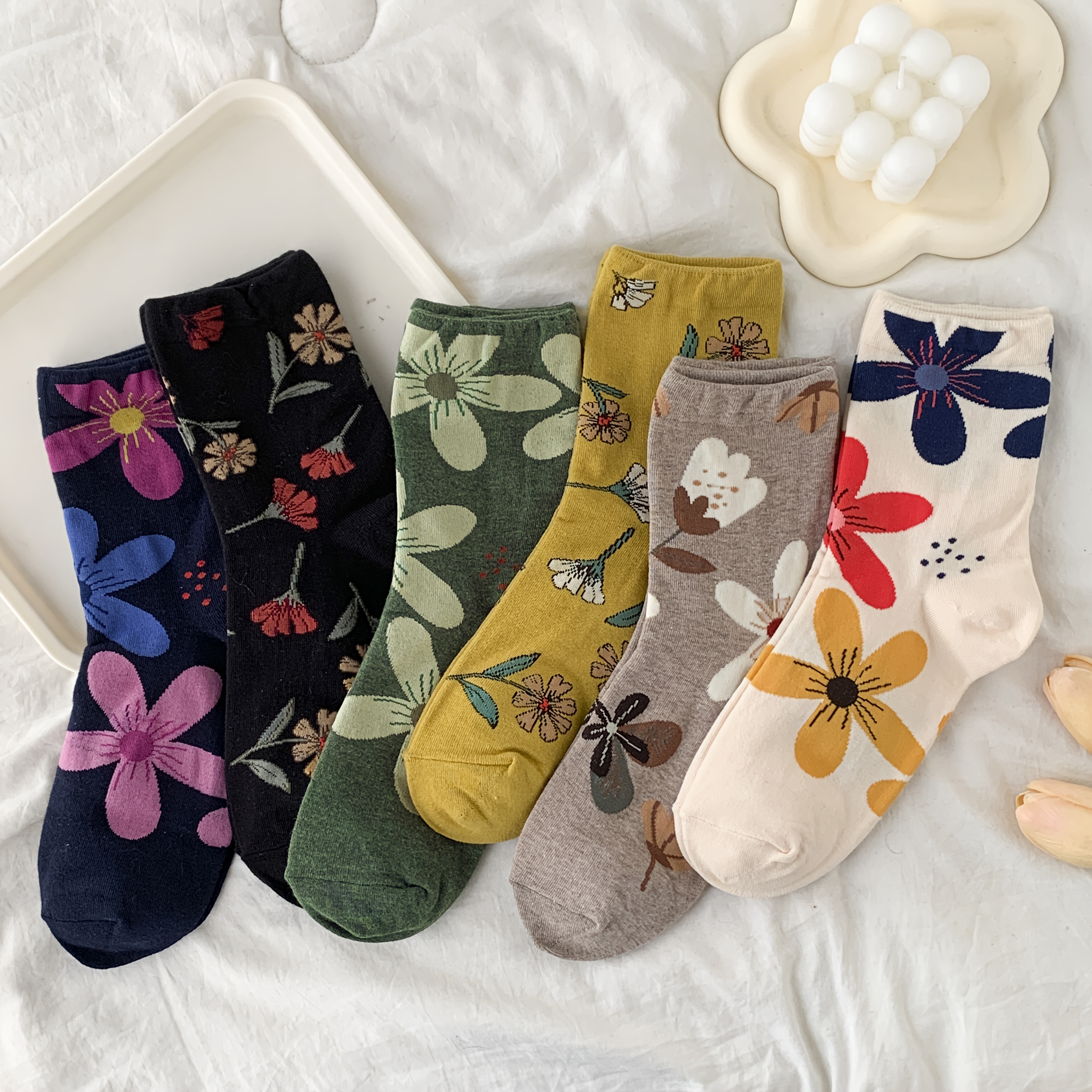 6-pack Graffiti Flower Mid-calf Socks, Spring/summer Thin Vintage Floral Versatile Trendy Socks