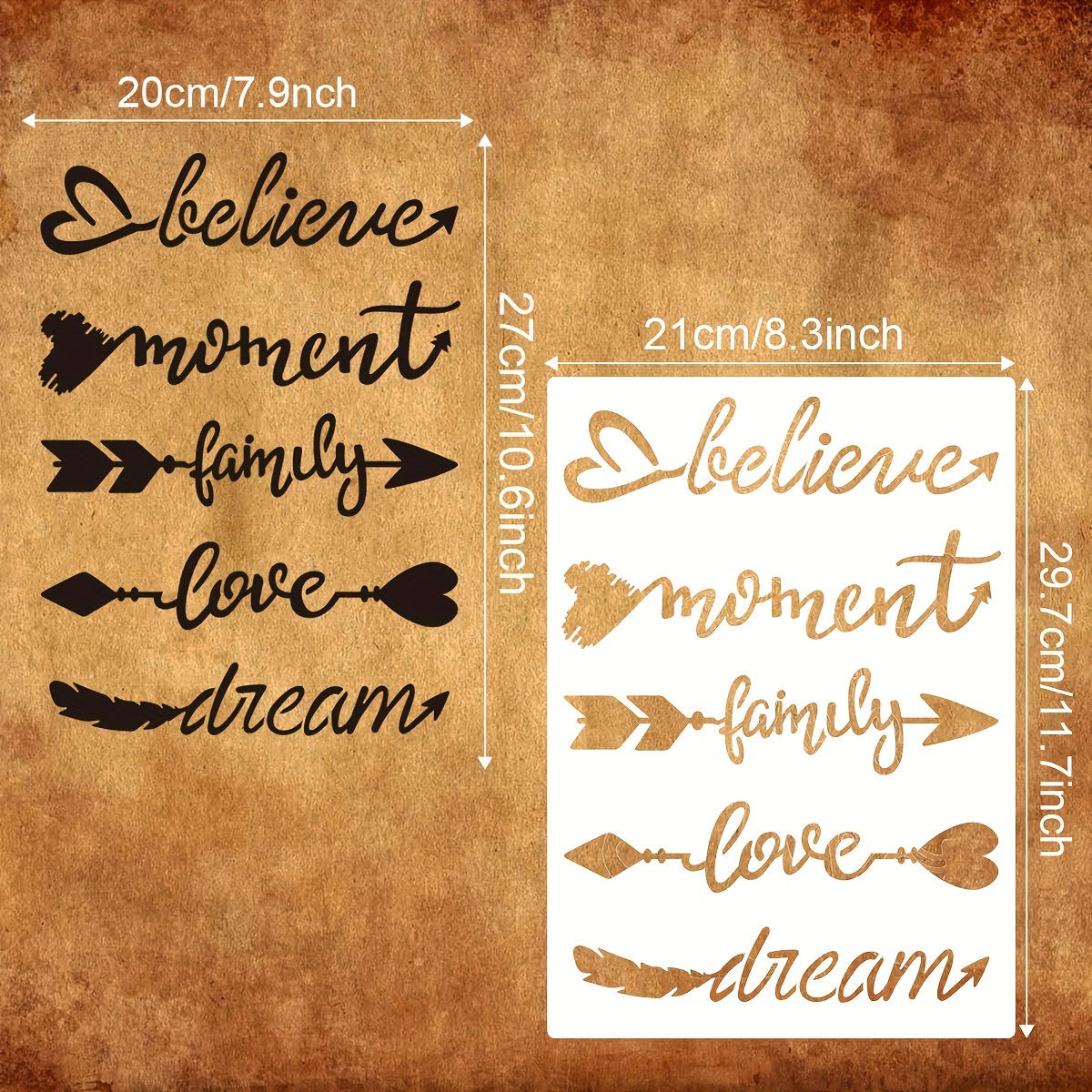 Image of A4 Arrow Words Stencil Set For Painting - Plastic Reusable Templates With Dream Love Moment Believe Family Phrases For Diy Crafts, Scrapbooking & Home Decor