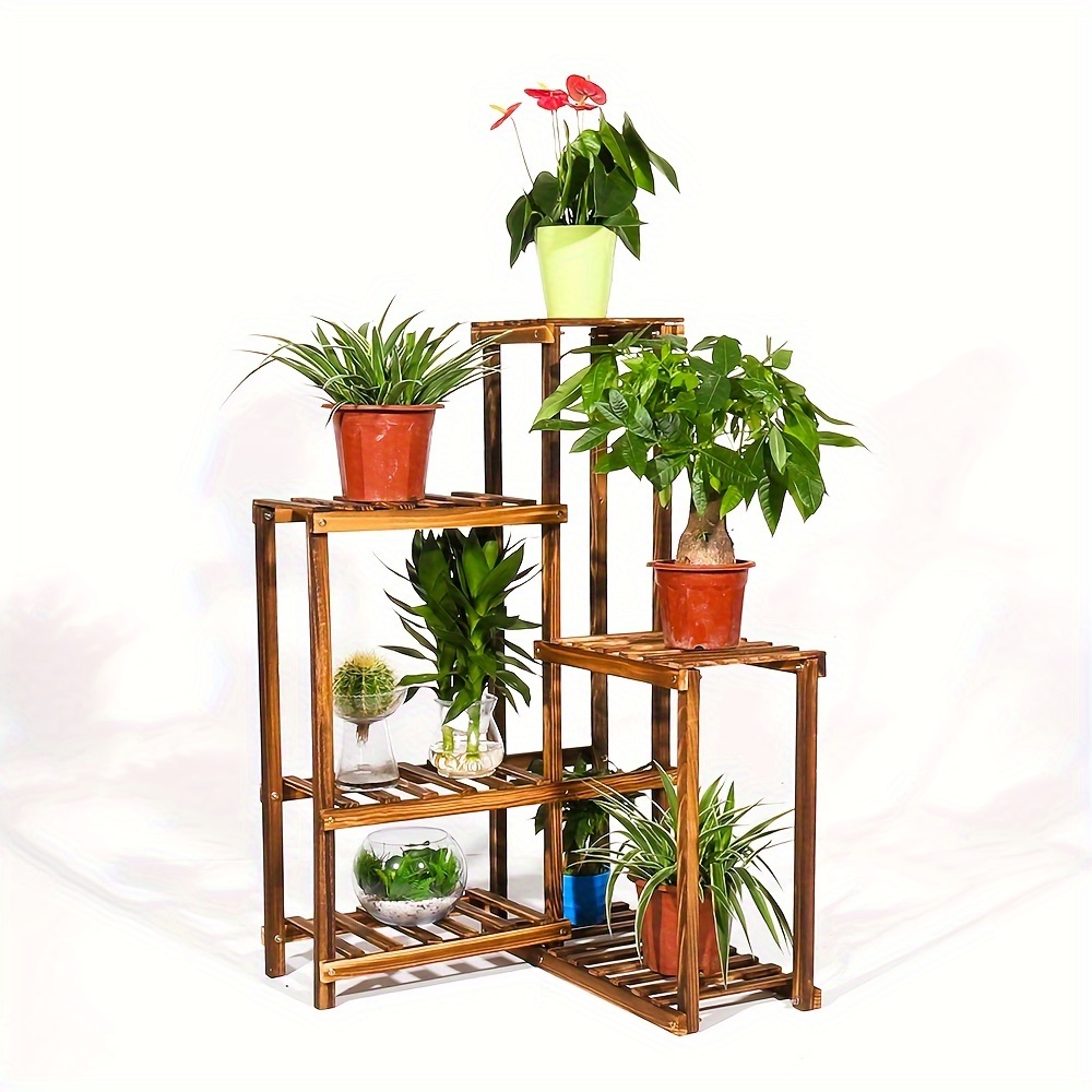 Image of Vintage Corner Plant Stand Indoor/outdoor - Multi-tier Wood Planter With Irregular Curved, Lightweight Painted Garden Shelves Suitable For Living Room, Patio, Garden - Space- Vertical Planter