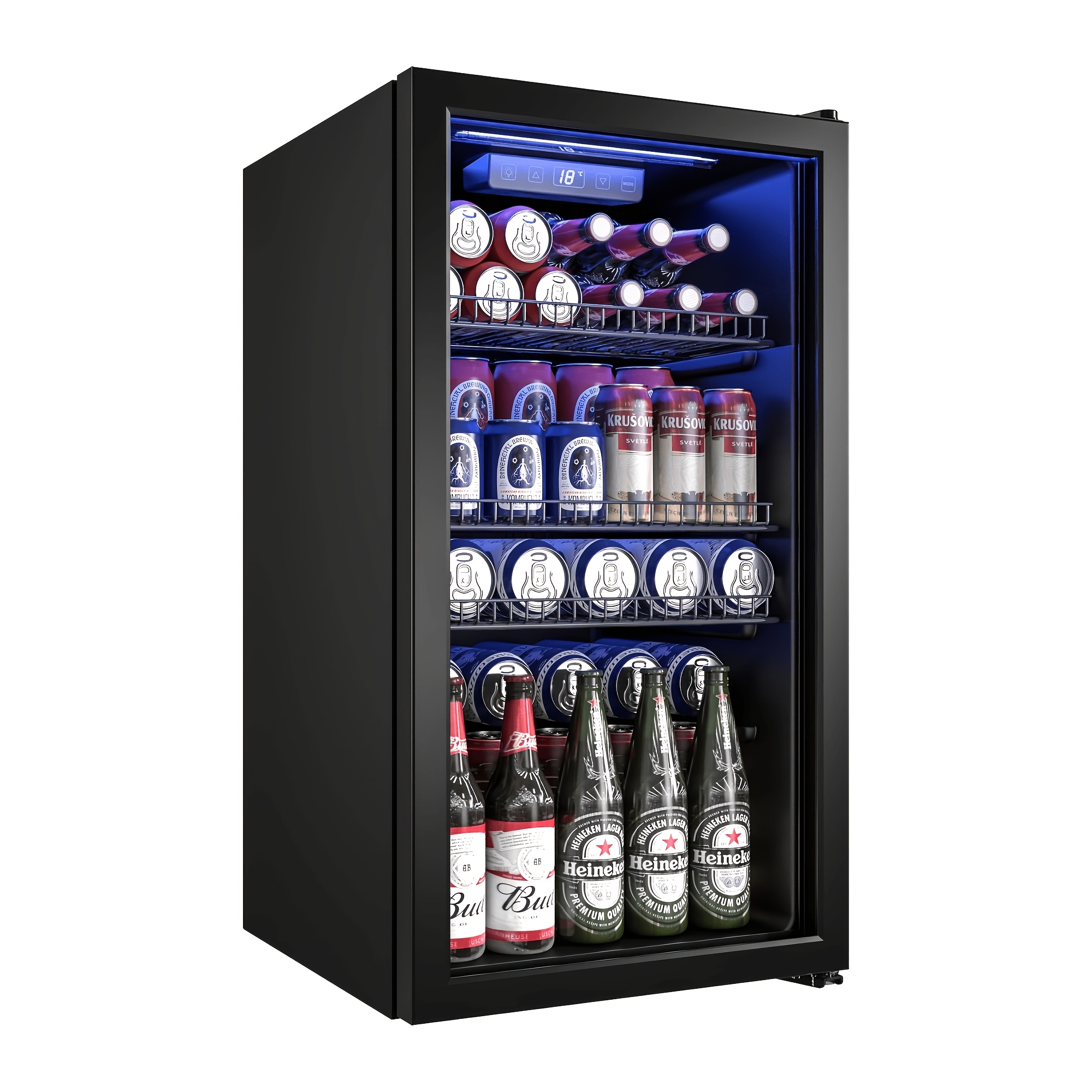 90l Mini Beverage Cooler, Insulated Double Glass Door, Led Temperature Control, , Holds 128 Cans, Adjustable Shelves, For Home Bar Office, Energy