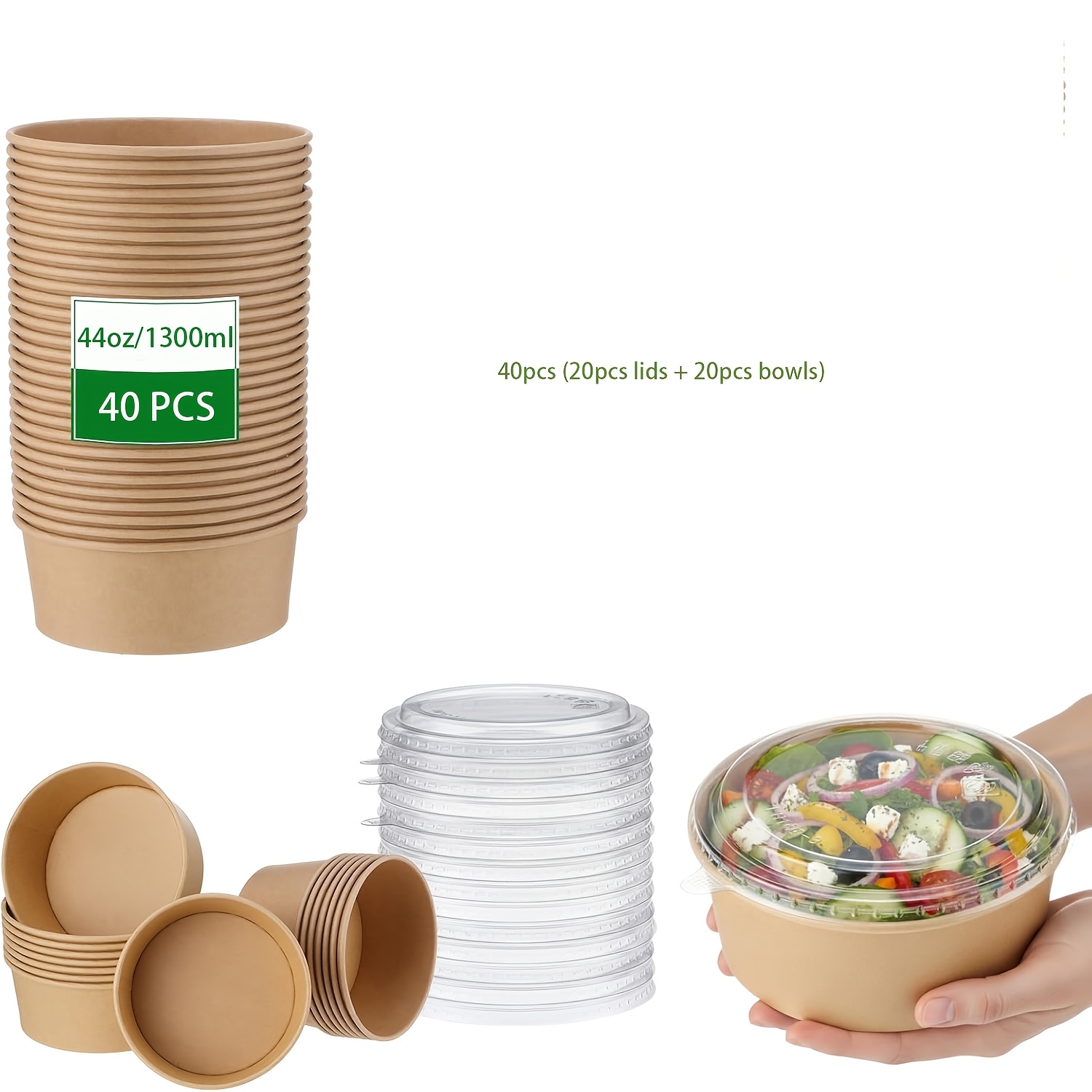 TEMU 44Oz/1300Ml 40/100/200pcs (/100pcs Couvercles+/100pcs ) en Papier Larges avec Couvercles, Récipients Alimentaires, à Soupe Jetables , Boîte à