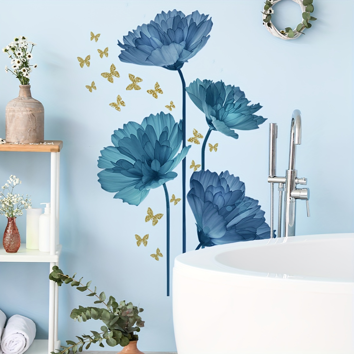 

2pcs Blue Floral Butterfly Bathroom Wall Stickers, Bathroom Bathtub Home Decor Wall Stickers, Home Decoration