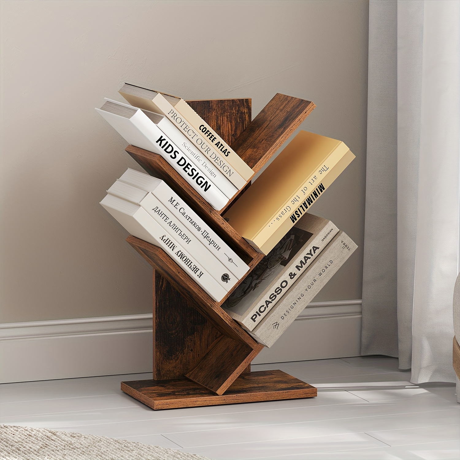 E-shop Baumförmiger Bücherregal, freistehendes Fünf-Regal-Bücherregal, Eckregal zur Platzersparnis, mit Holzregalen, geeignet für Schlafzimmer,