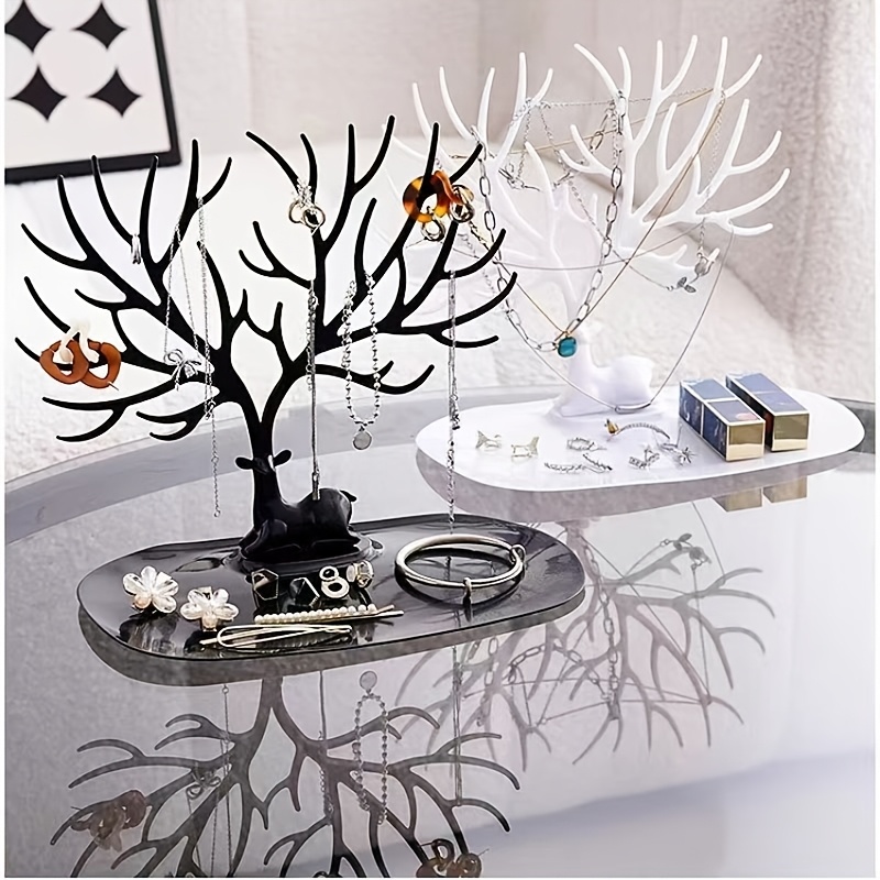 1 pieza de organizador de joyas en forma de asta - una solución de almacenamiento de plástico multifuncional adecuada para anillos, pendientes y collares, con una bandeja para perfumes y barras de labios, con una práctica bandeja de gancho para la exhibición de joyas, torres de joyas.