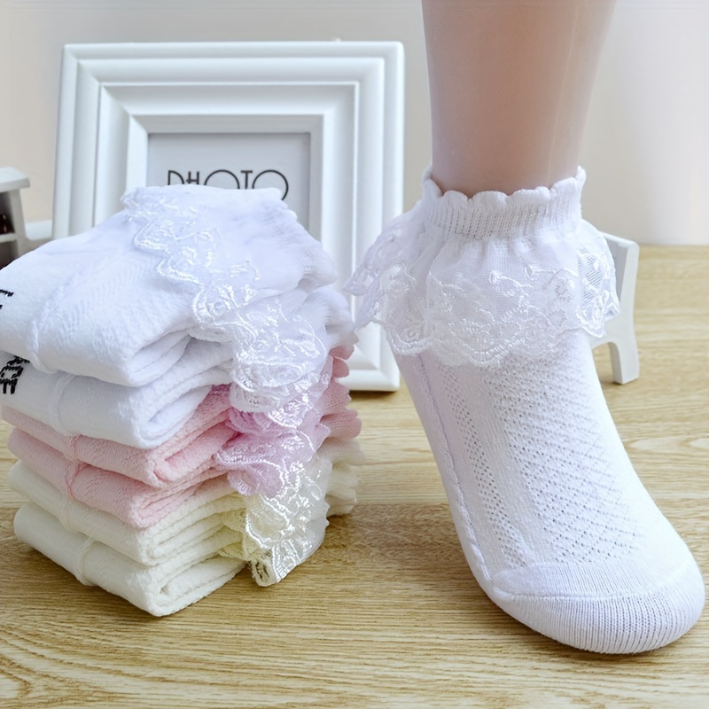 

8-pack Girls Cotton Lace Frill Ankle Socks Breathable Comfort Knit Fabric, Hand Wash Only, Solid Color For Spring/fall - Roygcbp