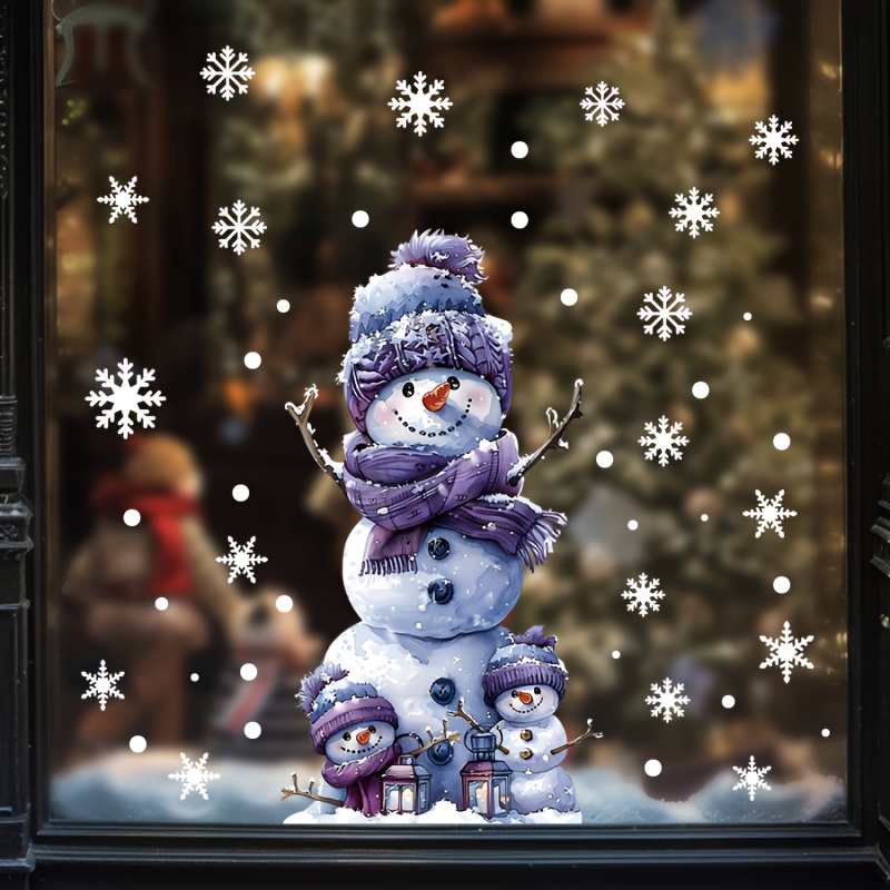 Image of 1pc Festive Christmas Cartoon Snowman Window Cling, Reusable Pvc Static Adhesive Decal, Glossy Finish, Contemporary Style, 7mil Thickness, Rectangle Shape For Glass Decoration, Snowflake Decorations