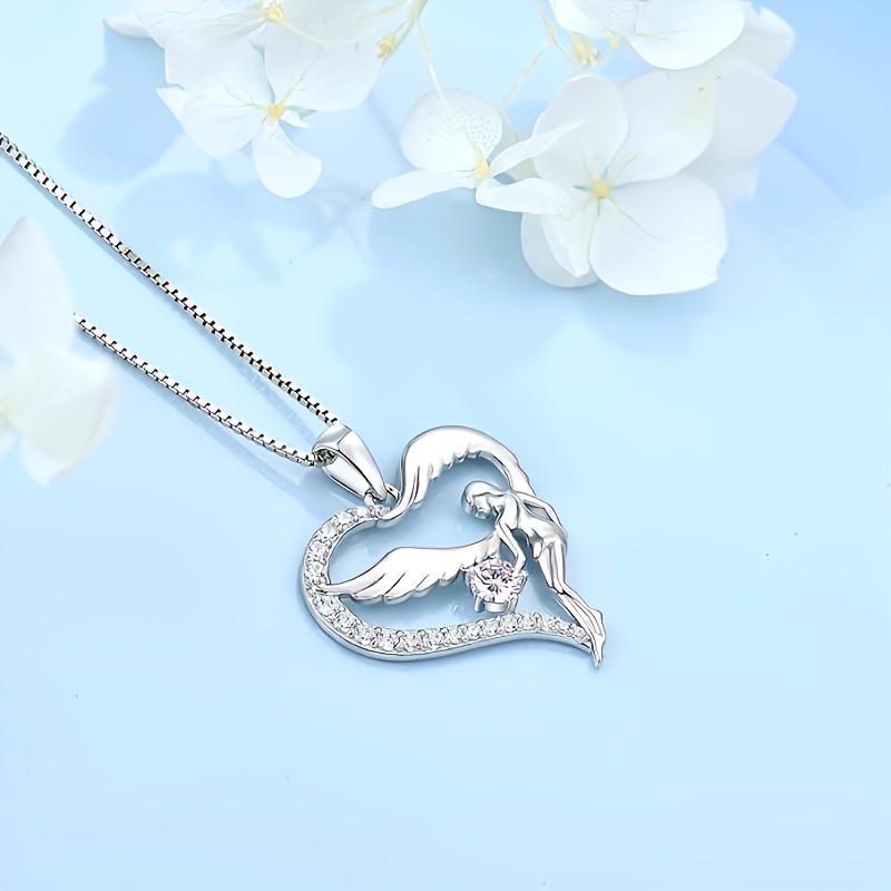 Women's S925 Silver Heart-Shaped Pendant Necklace with Angel Wings