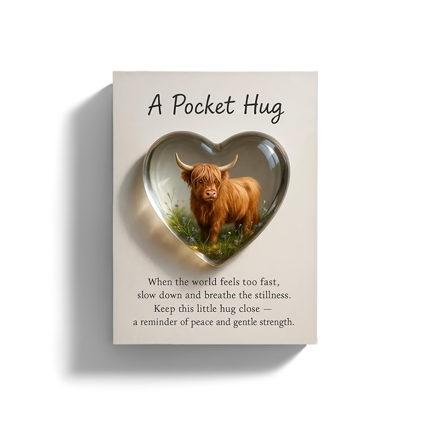 TEMU A Heart Pocket Hug Greeting Card, Heart-shaped Highland Cow Statue And Emotional Inspirational Greeting Card, Encouragement Card, Hug Token,