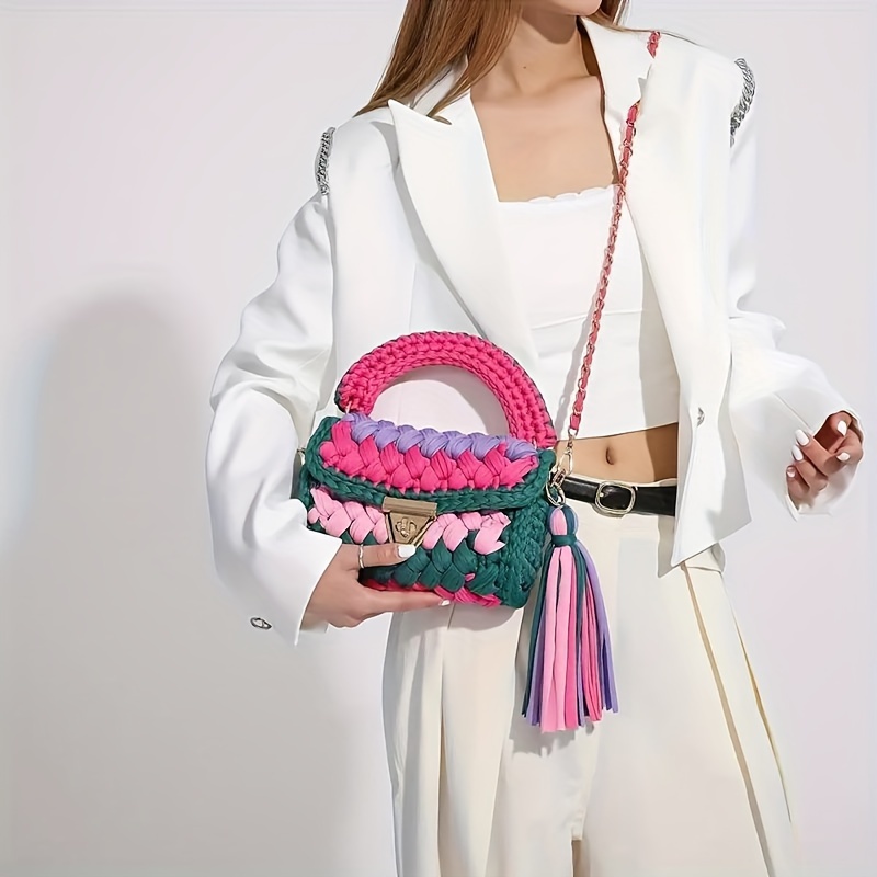 

Mini Colorblock Crossbody Bag, Trendy Crochet Shoulder Bag, Women's Bohemian Tassel Handbag & Purse