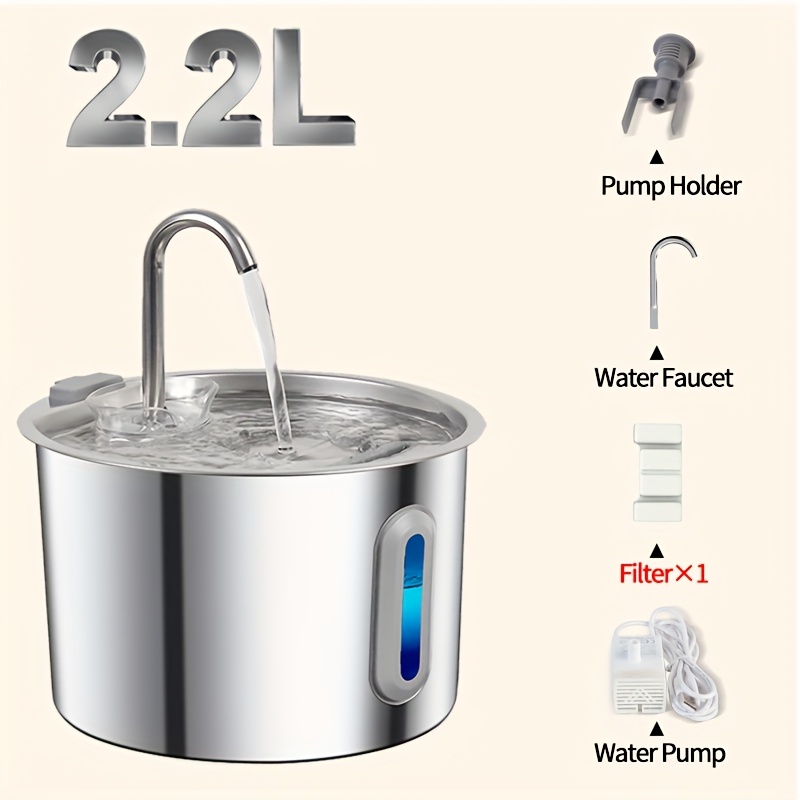 E-shop 1 Stück Edelstahl Haustierbrunnen, 2,2L/74oz Leiser Automatischer Trinkbrunnen für Katzen Hunde, Katzenwasserbrunnen mit Wasserstandsfenster,