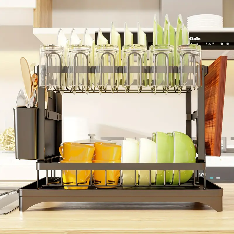 dish drying rack 2 tier dish racks for kitchen counter dish rack with mat dish drainer with knife fork cup rack gifts for women mothers day cool stuff kitchen gadgets Product details 6
