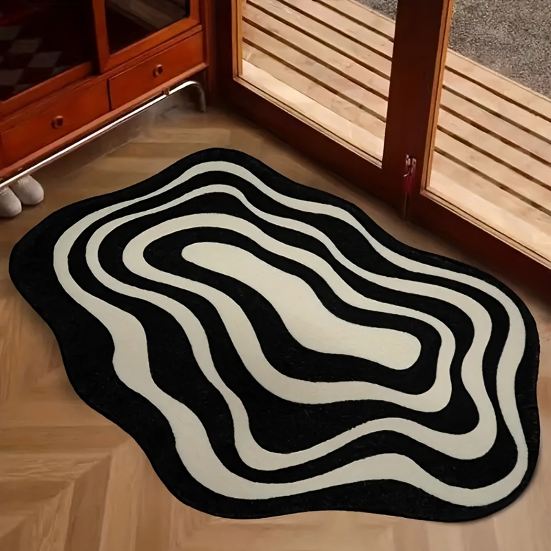 TEMU 1pc Unique Polka Soft Velvet Rug, Black And White, Easy Striped, Suitable For Living Room And Bedroom Decoration, Comfortable Polyester Mat Door