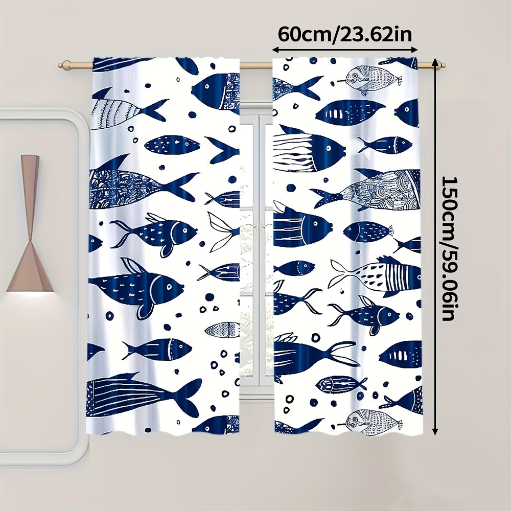 TEMU Set Of 2, Curtains, Nautical Blue , Art Deco Inspired, Oversized Fabric, Ideal For Living Room, Bedroom, Office, Dining Area - Suitable For