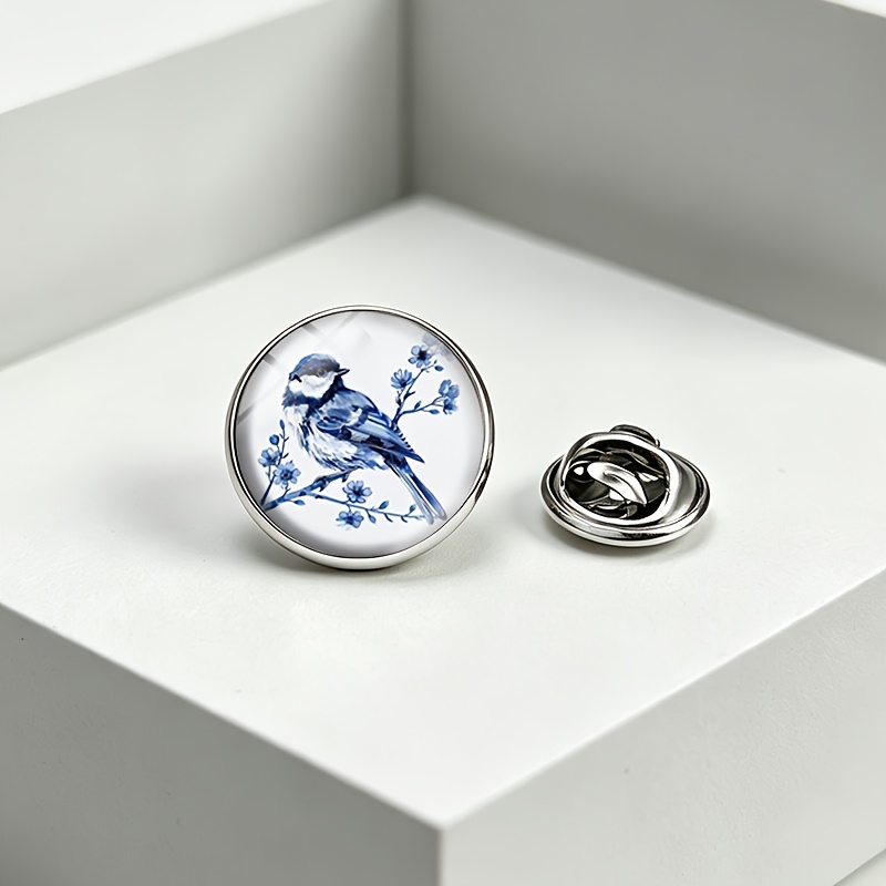 TEMU 1pc Blue And White Porcelain Bird Lapel Pin Glass Dome Brooch Clothing Backpacks Hats Accessories Men's Gifts