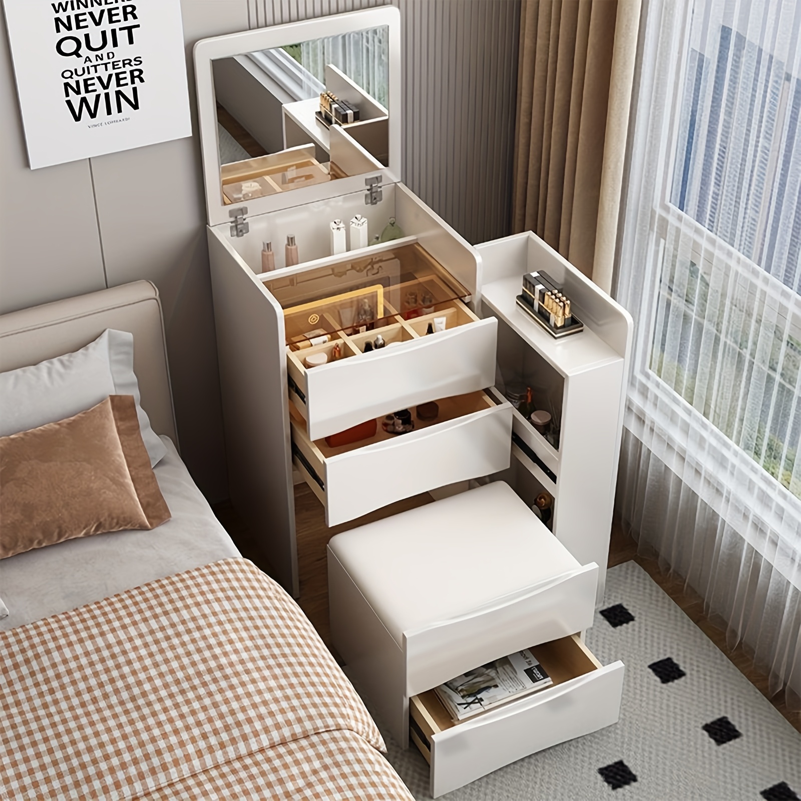 Small Vanity Desk Set Vanity Mirror With Desk And Chair Set, 4-layer Drawer With Side Cabinet Oak For Small Space Bedroom