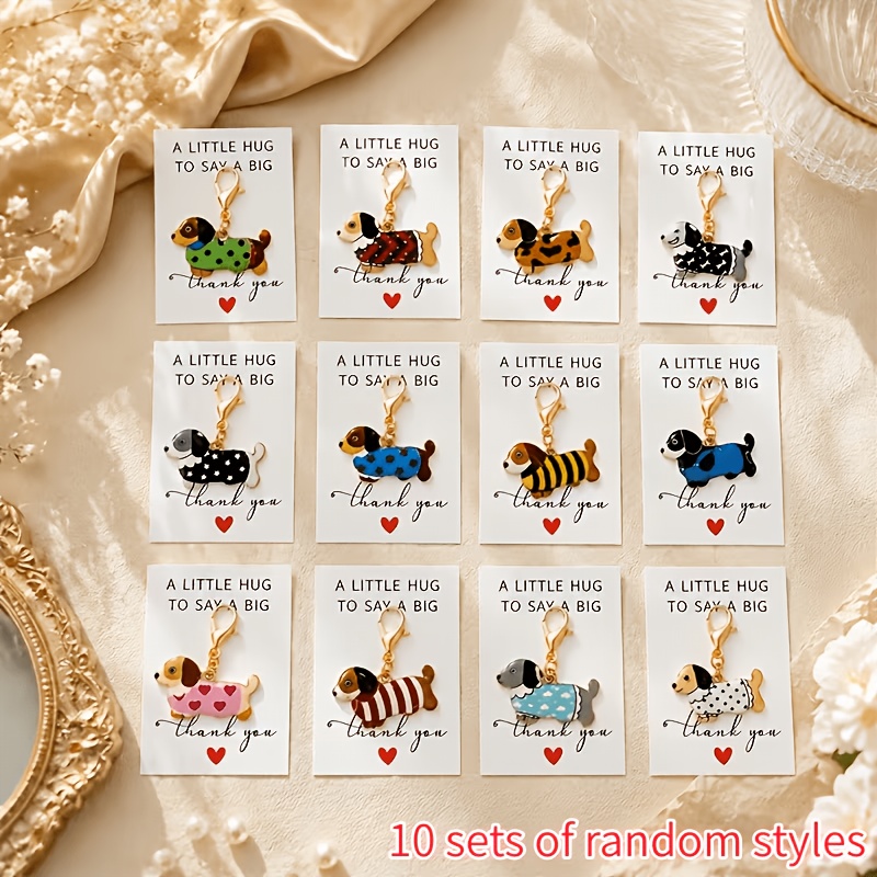 TEMU 20pcs Random Style Polka Dot Dachshund Dog Keychain Gift Set, Includes 10 Cute Cartoon Dog Keychains + 10 Thank You Cards, Fun Animal-themed Bag