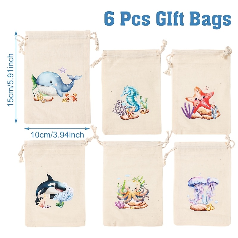 E-shop Geschenk für Sie/Ihn 6 Stück, Marine Tiere Polyester Kordelzug Geschenktüten, 10 x 15 cm, Ozean Themen Party Geschenkverpackungsbeutel, Happy