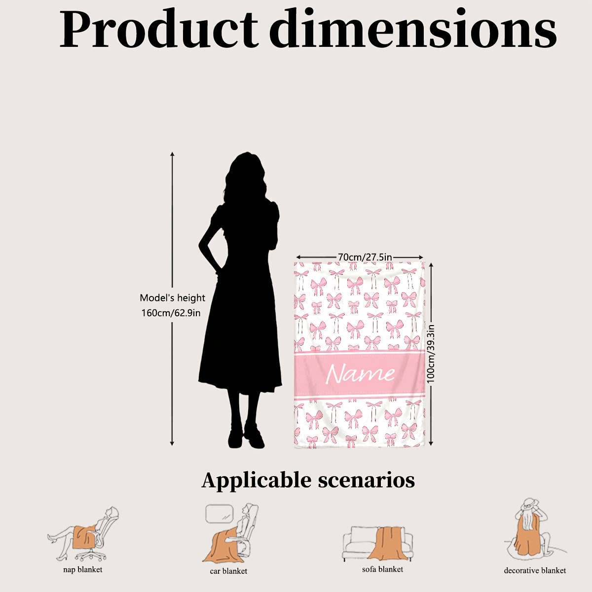 TEMU 1 Couverture personnalisée avec nom, en flanelle rose avec joli nœud, avec personnalisation de nom . Cadeau à motif de nœud rose, couverture de