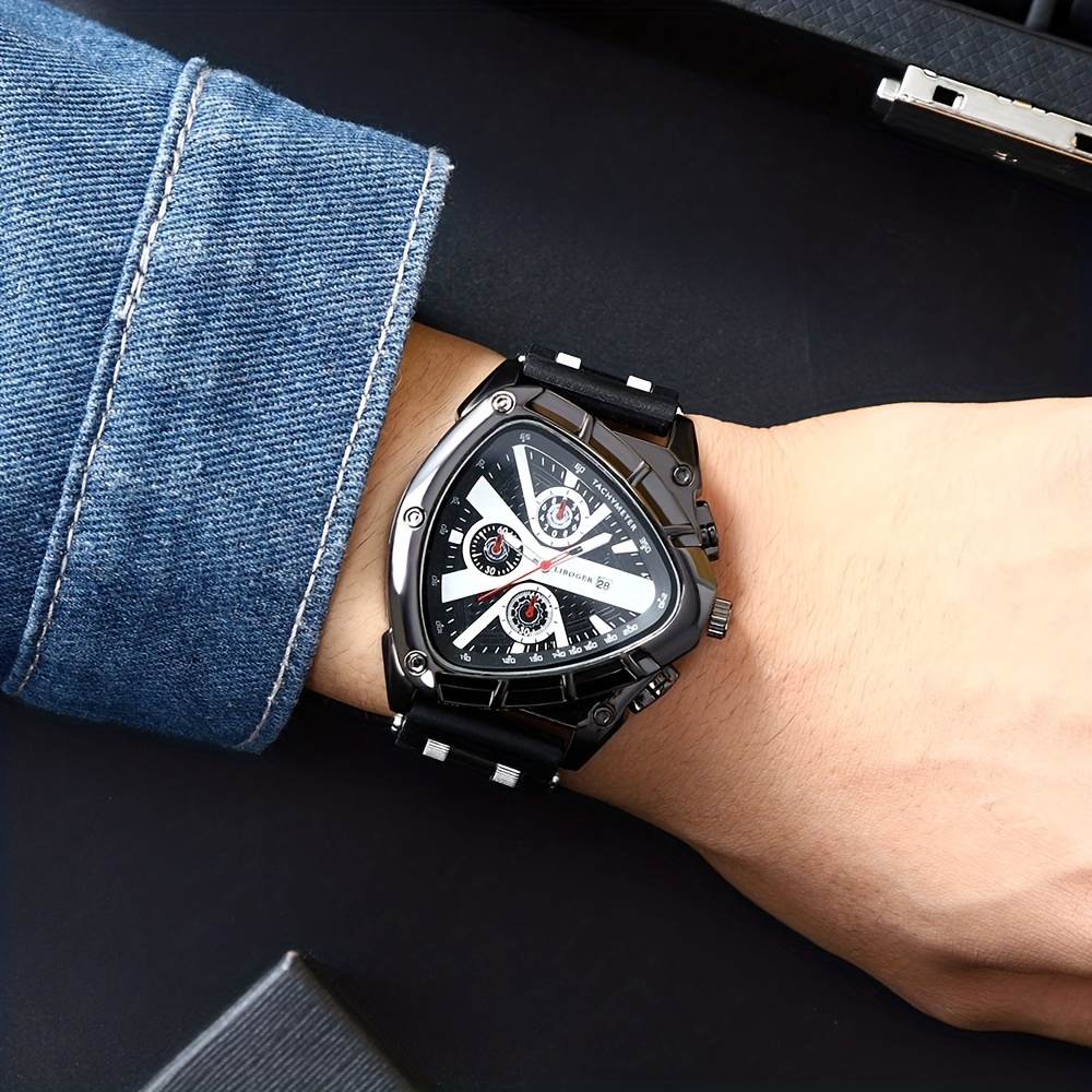 3pcs Set Men'S Quartz Watches with Silicone Strap & Date Display - Classic Triangular Dial, & Golden-Tone Case, Non-Rechargeable Battery, Casual & Sporty Wear