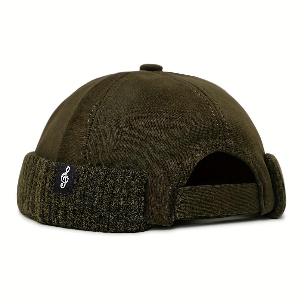 TEMU 1pc Men' Color Thick Ted Rolled Cuff Docker With Trendy Musical Sybols Letter Patch - Warm, Soft Hat For , For Any Dressing, Gifts For Families