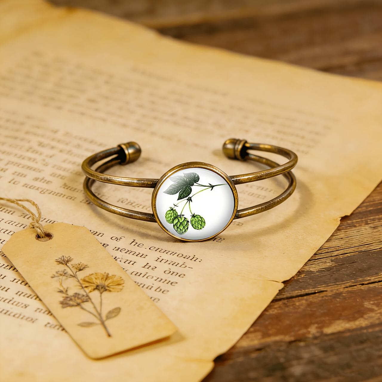 Antique Cyan Double-Layer Adjustable Opening Bracelet, Fresh Green Plant Design
